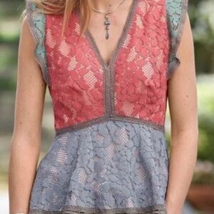 Sundance Vintage Days Top Womens M Multicolor Sleeveless Lace Peplum Colorblock